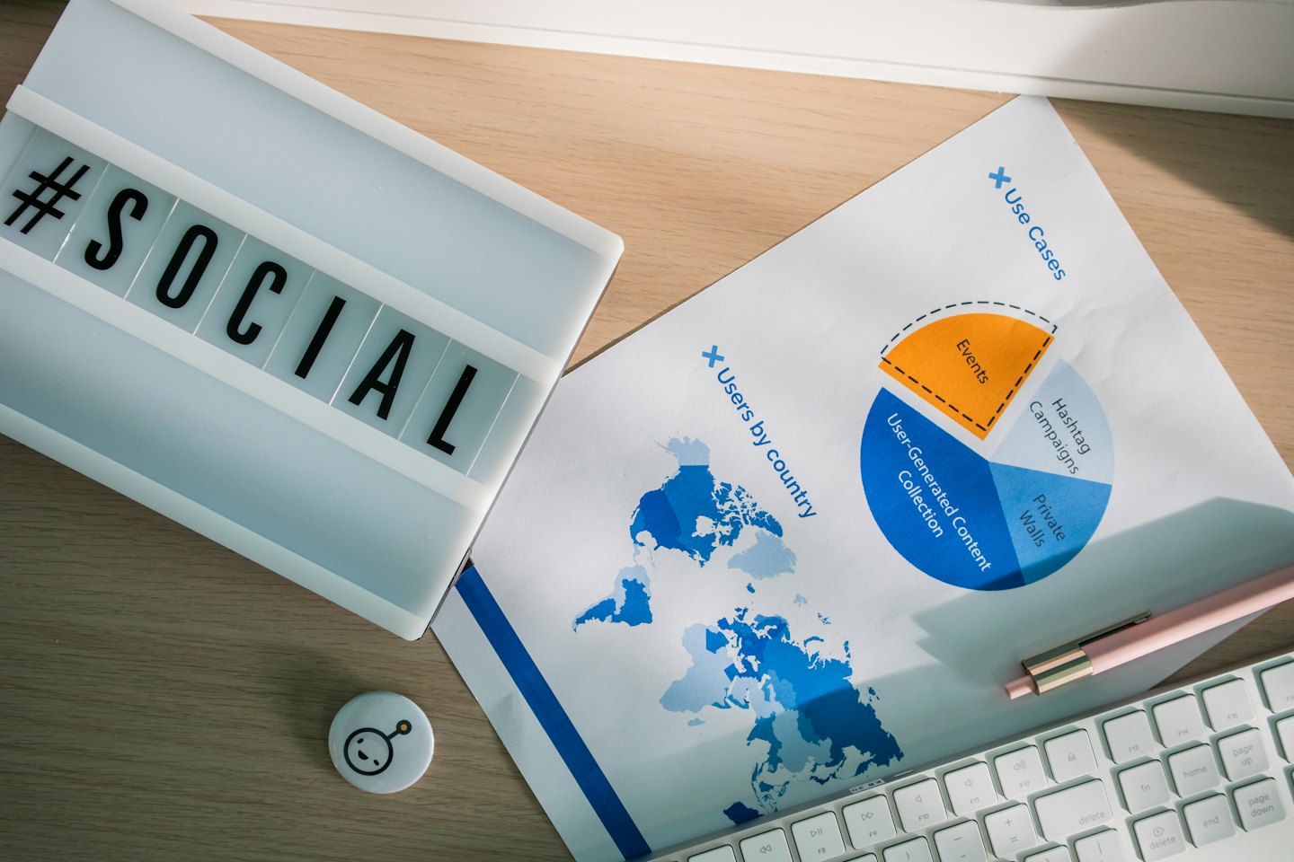 Schreibtisch mit Social-Media-Marketingplan und Datenanalyse-Diagrammen.